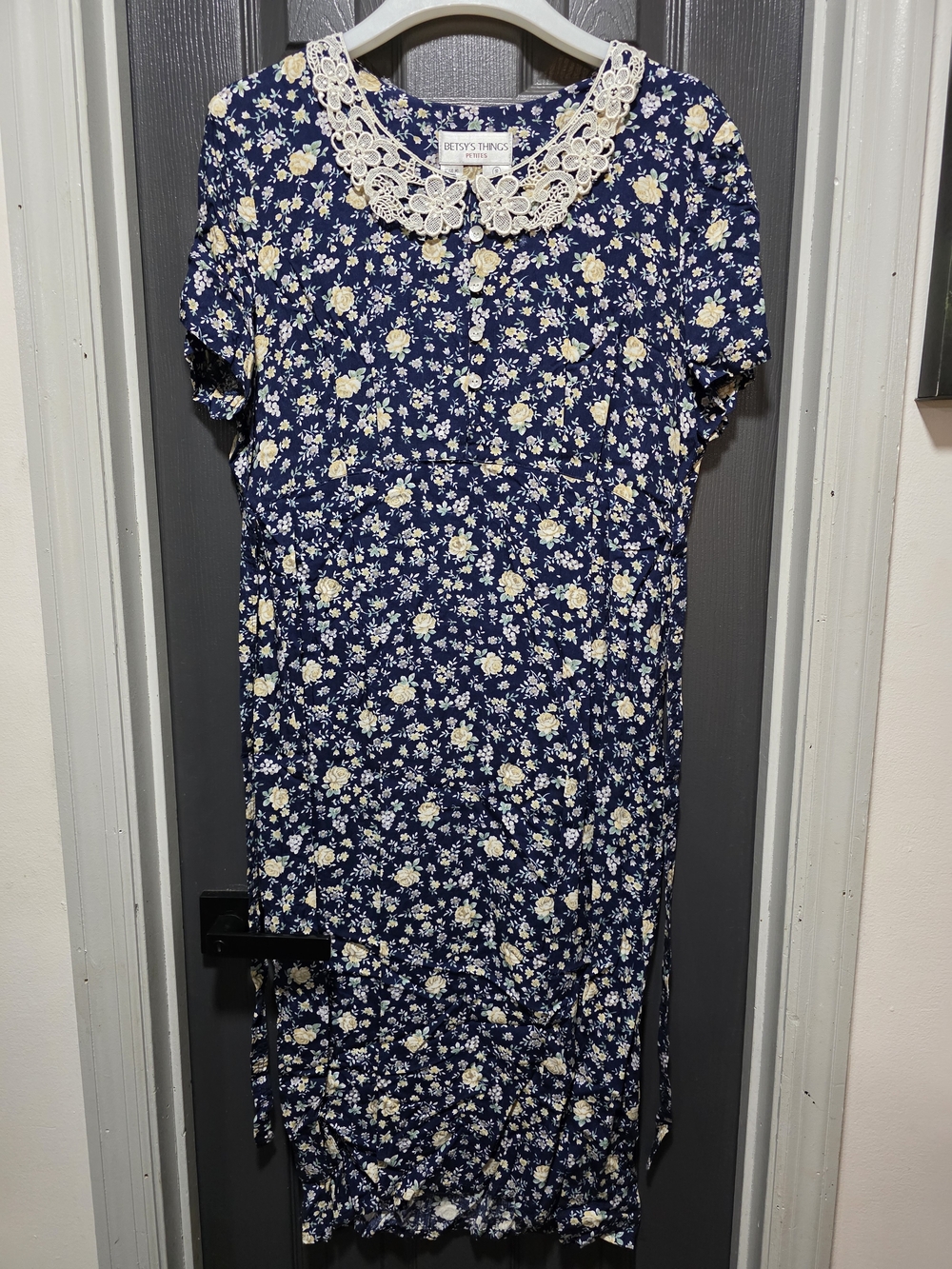 Navy Floral Maxi Dress with Lace Collar